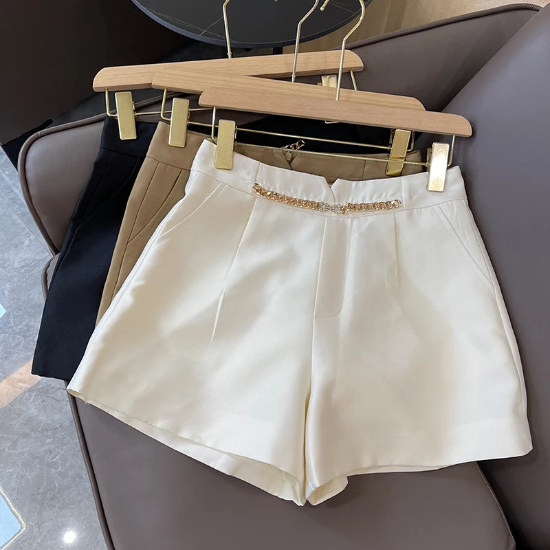 

Summer High Waist Loose Shorts Women Chain A-line Zipper Wide Leg Suit Short Pants Fashion Solid Color Casual Shorts Plus Size