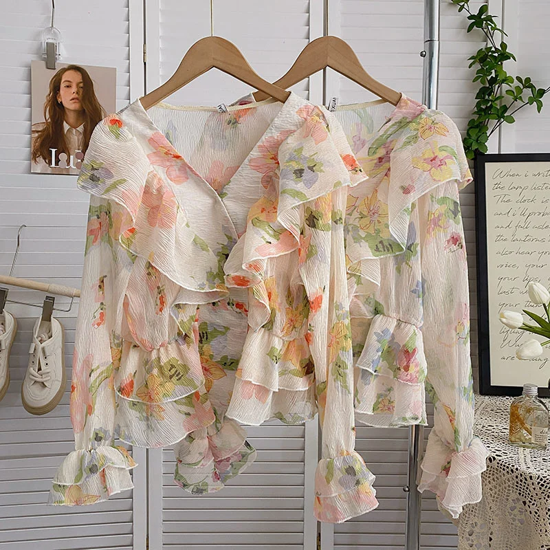 

Spring Autumn New Chiffon Women Sweet Lotus Collar Tops Butterfly Sleeves Pink Printed High Street Gentle Slim Shirts Blouses