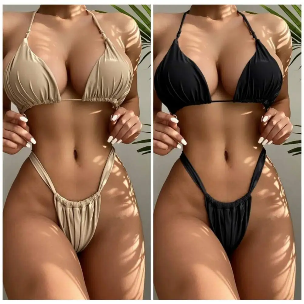 

2Pcs/Set Adjustable Strap Push-up Bandage Swimming Suit Halter Micro Triangle Bra High Waist Thong Swimsuit for Water Activity