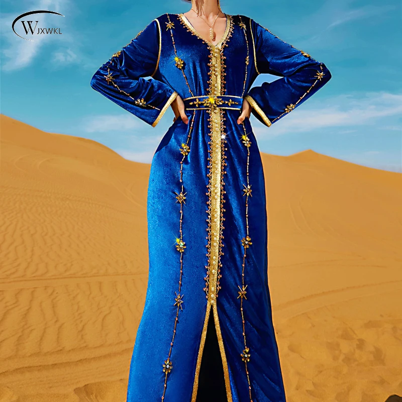 

Ba7010 New Heavy Industry Hand sewn Diamond Treasure Blue Velvet Party Dress Women arabic Dress 2022