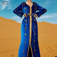 ba7010 new heavy industry hand sewn diamond treasure blue velvet party dress women arabic dress 2022
