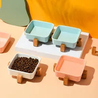 Ceramic Dog Bowl Pet Food Bowl Cat Water Bowls with Bamboo Stand No Spill Cute Feeder Dish Feeding Puppy Bowls Pet Accessories