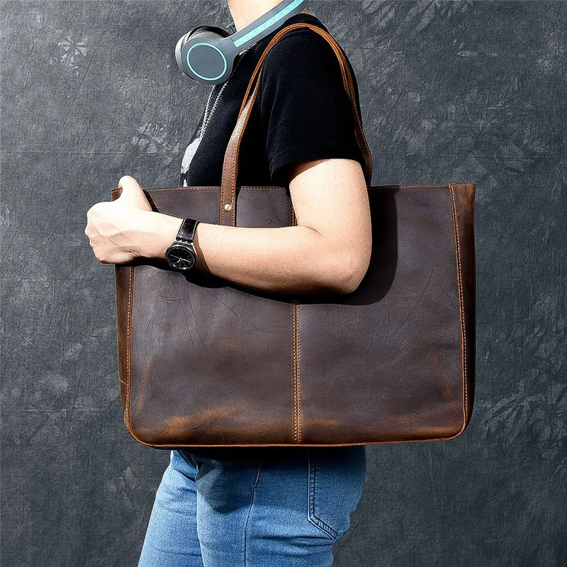 Vintage genuine leather large capacity men women's tote bag simple casual crazy horse cowhide handbag work laptop shoulder bag