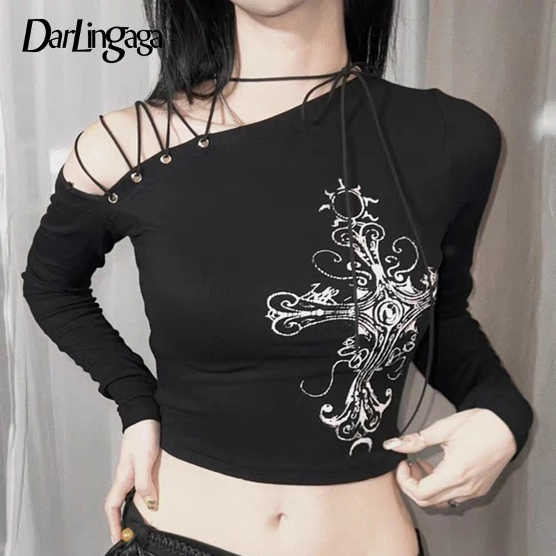 

Darlingaga Gothic Asymmetrical Printed Halter Top Autumn Tee Shirts Dark Academia Women's T-shirts Short Lace Up Harajuku Tight