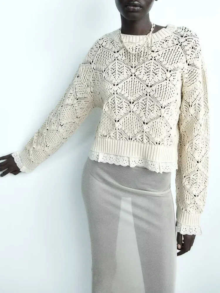 

Autumn New Lace Panel Round Neck Hollow out Sweater Knit Top Female