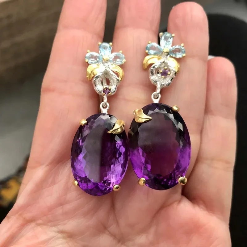 

Exquisite Oval Zircon Amethyst Earrings Trendy Metal Two Tone Inlaid Aquamarine Stone Flower Dangle Earrings Jewelry