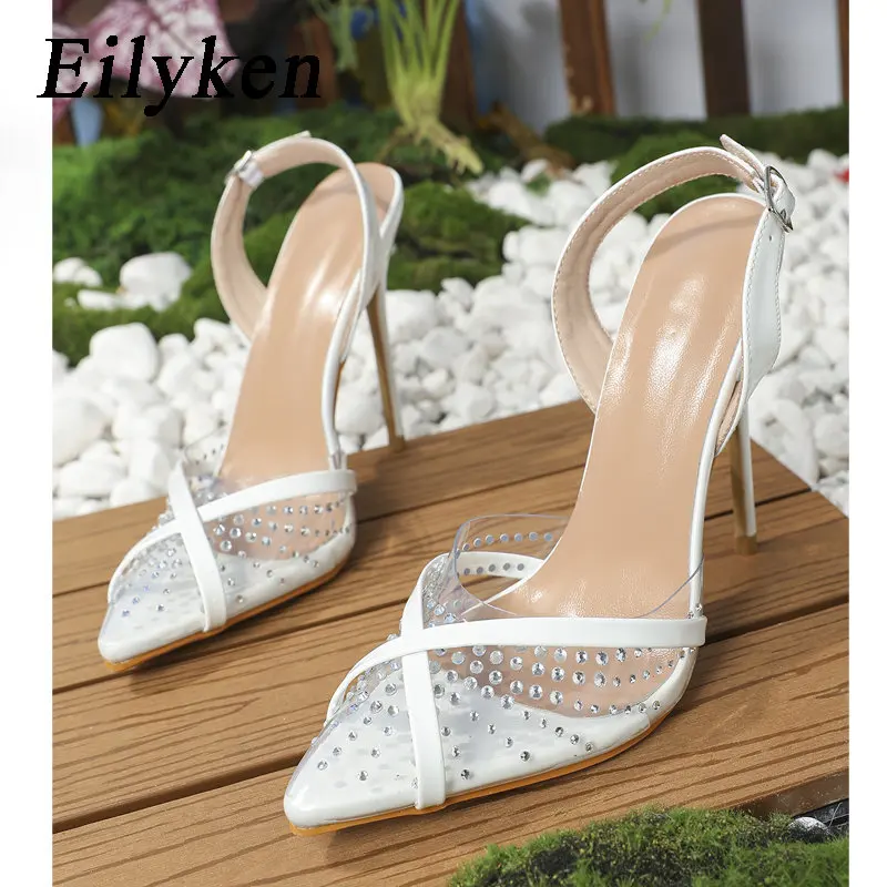 

Eilyken/Дизайнерские прозрачные женские туфли-лодочки с кристаллами; Модные летние босоножки на высоком каблуке с ремешком и пряжкой; Вечерние для ночного клуба; Элегантная обувь