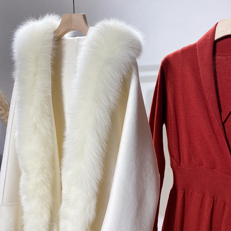 FURYOUME 2022 Winter Women Cloak Loose Cashmere Wool Blends Real Fur Coat Natural Fox Fur Collar Outerwear Fashion Streetwear enlarge