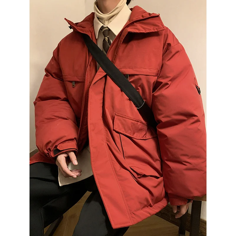 Winter Jacket Men Warm Fashion Black Red Retro Pocket Hooded Jacket Men Streetwear Korean Loose Thick Short Coat Mens Parker