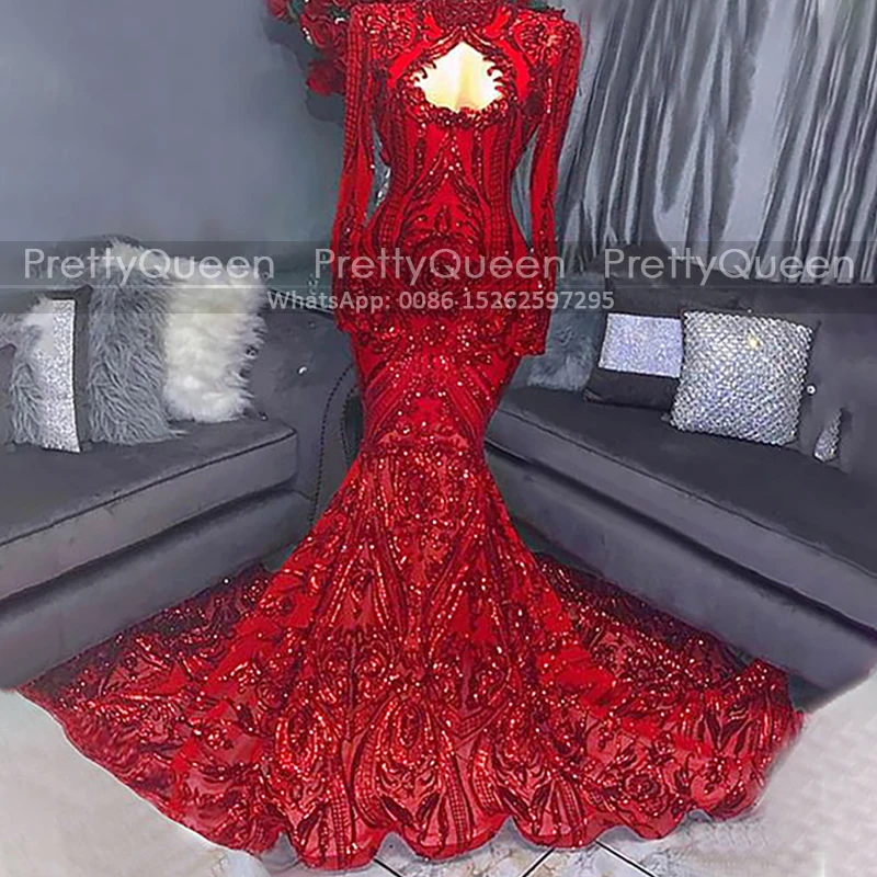 

Red Sequins Long Sleeves Evening Dresses Keyhole Neck Mermaid Long Sweep Train Sheath Prom Dress Aso Ebi Women