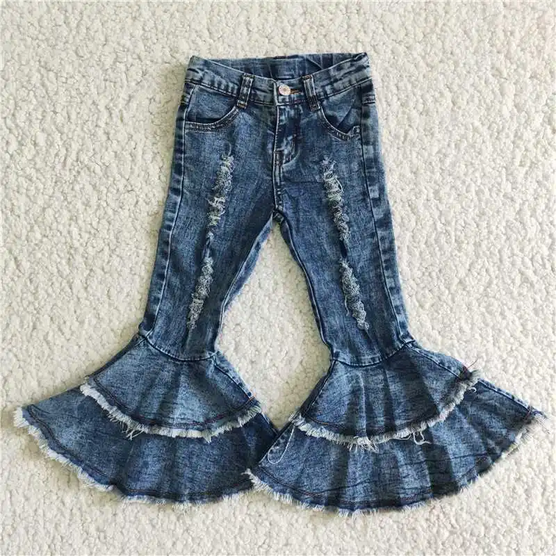 

New Fashionable Baby Girls Denim Blue Bell Bottom Kids Boutique Children Toddler Flared Pants Double Lace Pocket Wholesale Jeans