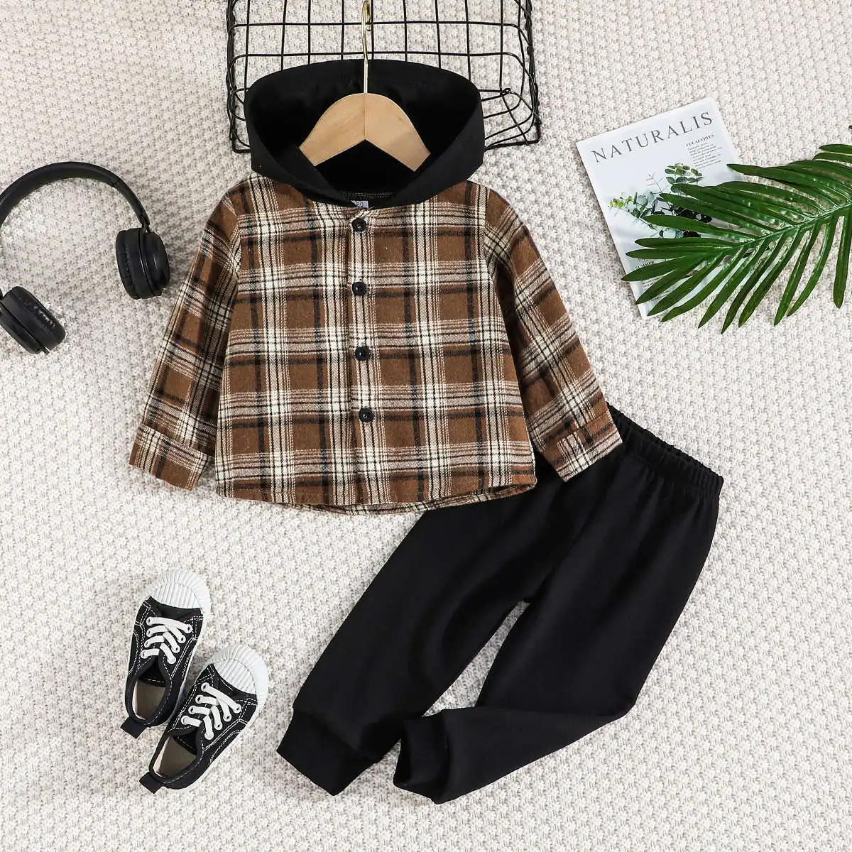 

Комплект одежды для мальчиков на весну-осень, 2023, хлопковые свободные однотонные штаны, костюм, клетчатая толстовка, однобортная рубашка, детская одежда для мальчиков