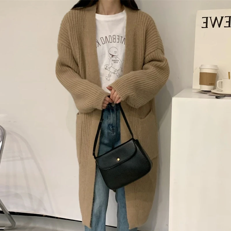 

Женский вязаный свитер Y2k E-girl, Длинное свободное мягкое пальто с карманами, вязаный кардиган, свитер, весна-осень-зима