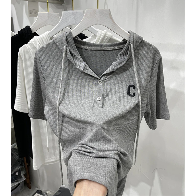 

Summer Solid Color Hooded Pullovers Korean Style Letter Embroidery Casual Hoodies Button Drawstring Loose Sweatshirts