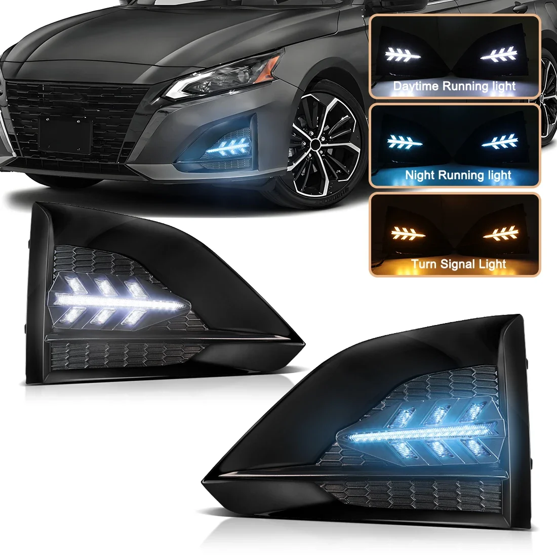 Фото Автомобильные светодиодные дневные ходовые огни для Nissan Altima Teana 2024 2025 белый, желтый, синий, анимация запуска, DRL, указатель поворота, противотуманная фара №1
