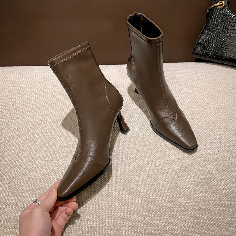 Korean Style Short Boots Women's Autumn and Winter New Pointed Toe Stiletto Back Zipper Sheep Grain Elastic High-heeled Boots