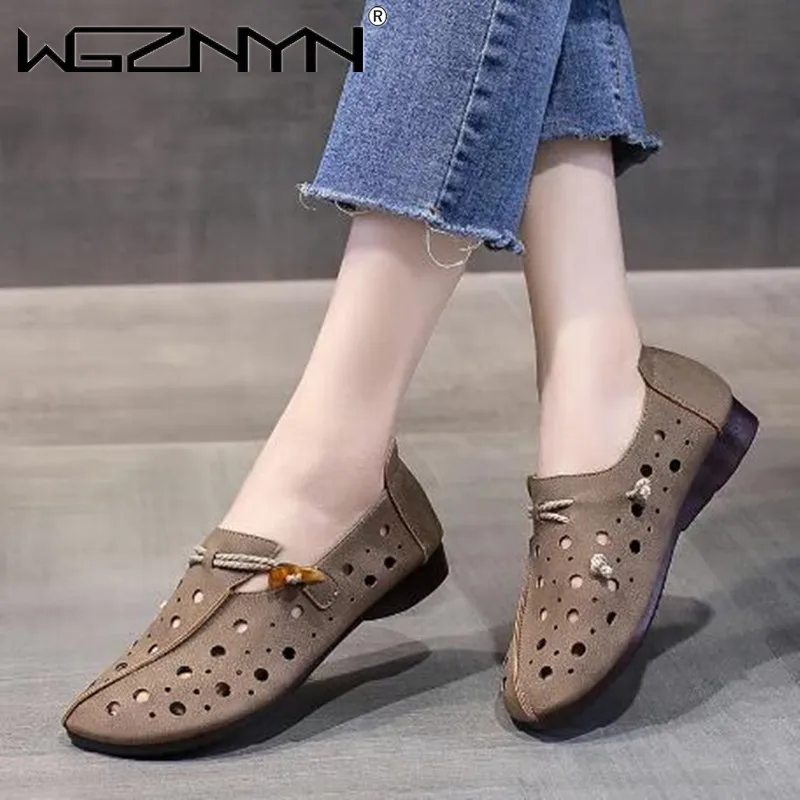 

New Comfortable Leather Handmade Shoes Flat-heeled Soft-soled Shoes Female Wind Tunnel Hollow Sandals Women Casual Flats Shoes