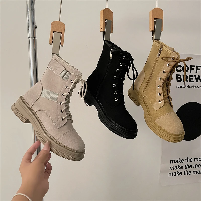 

Cloth PU Stitching Martin Boots Women's 2022 Autumn Side Zipper Ankle Bboots Thick Bottom Handsome Motorcycle Boots Ladies Shoes