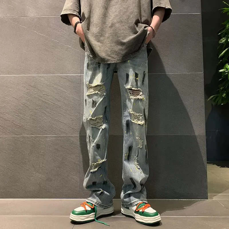 DEEPTOWN Ripped Print Jeans Men Vintage Fashion Hip Hop Denim Pants Loose Straight Hole Trousers Male Streetwear Punk Spring