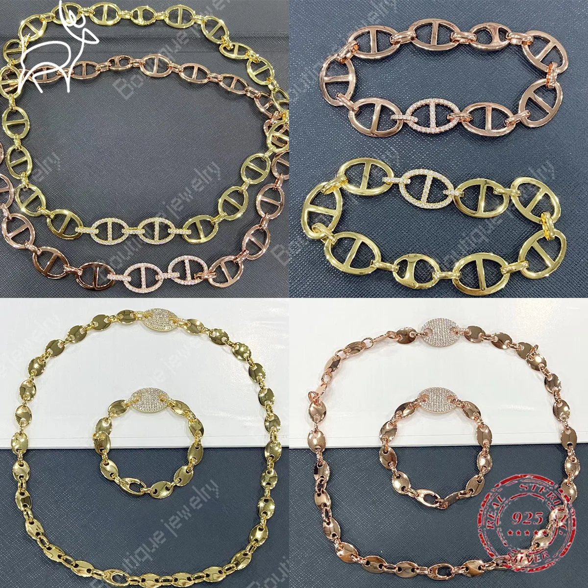 

S925 Sterling Silver Gold Inlaid Pig Nose Double Earrings Necklace Ring Bracelet Set Female Personality Luxury Jewelry Gifts