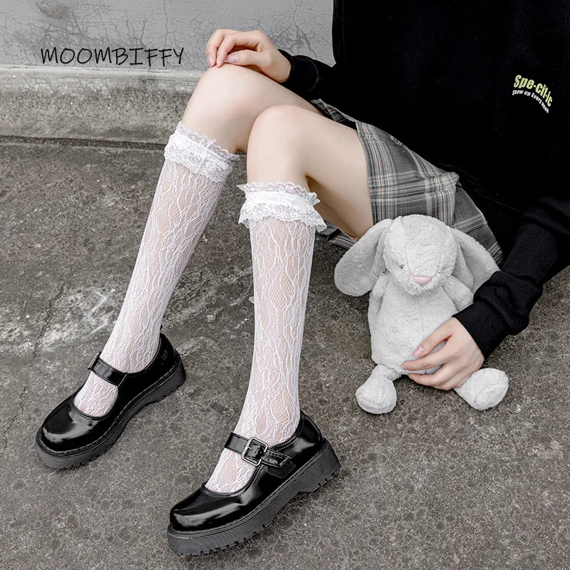 

Black White Lace Kawaii Lolita Socks for Girls Japanese Cute Women Sock Jk Long Tube Students Indie Lace Stockings Calcetines