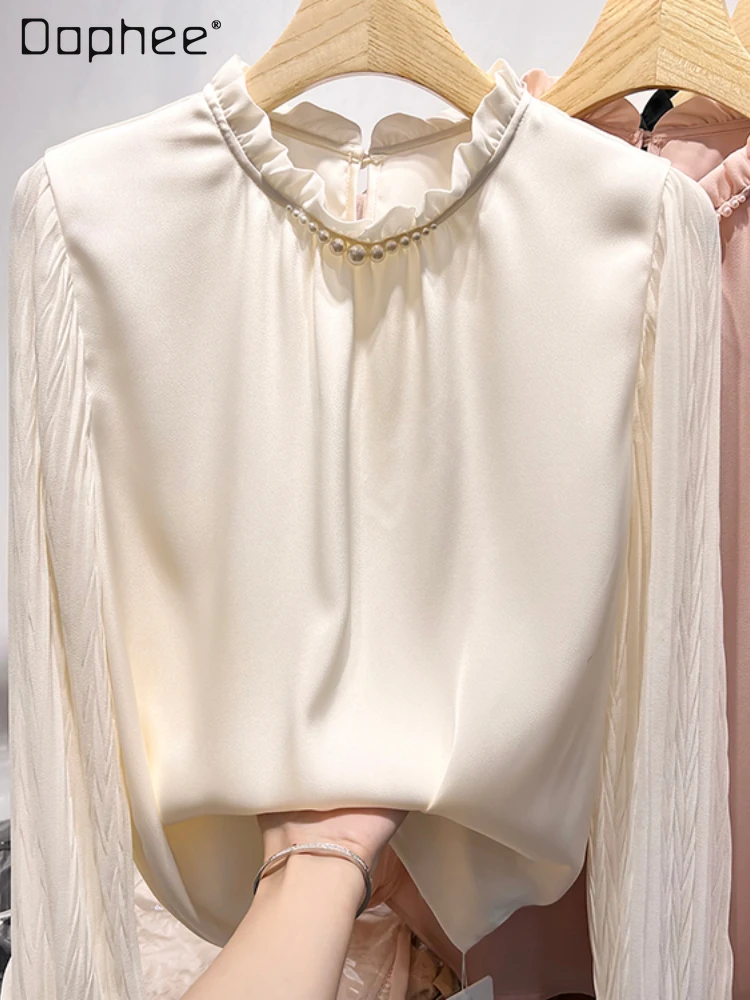 

Tops Women 2022 New French Style Elegant Solid Color Stand Collar Beaded Mesh Long Sleeve Shirt Women's Autumn Thin Blouses