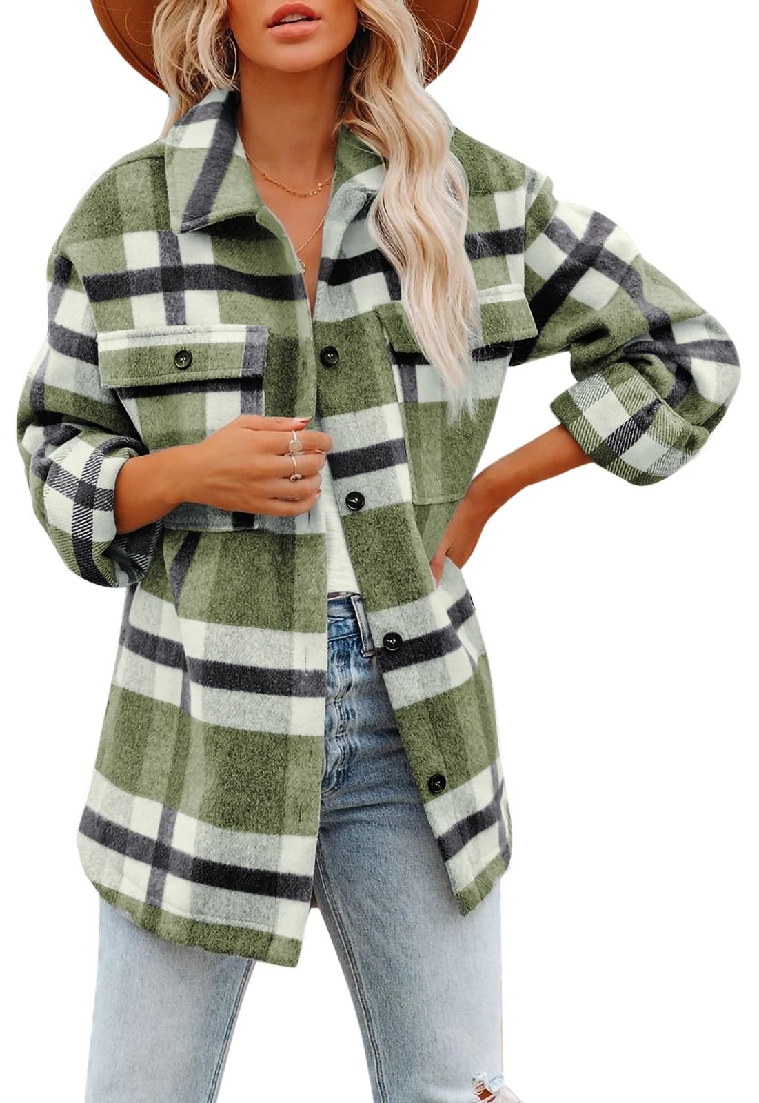 

HOT Women's Brushed Plaid Shirts Long Sleeve Flannel Lapel Button Down Pocketed Shacket Jacket Coats