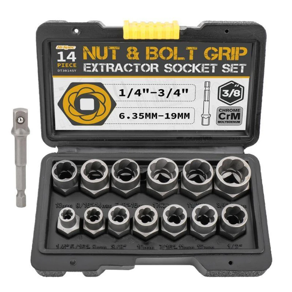 

NEW 14pc Extraction Socket Set, Impact Bolt Nut Remover Set, Bolt Extractor Tool Set For Removing Damaged Bolts Nuts Screws