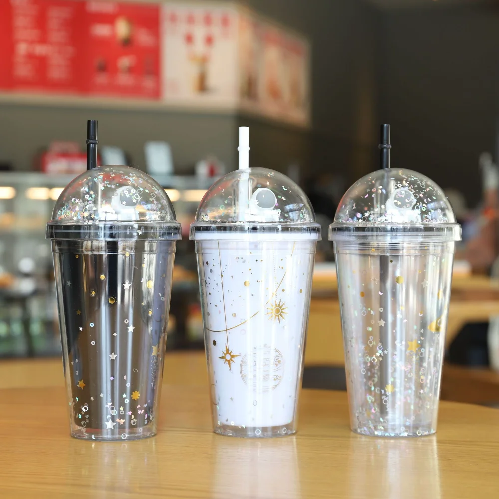 

New Taper Starry Sky Plastic Cup High-value Space Astronaut Straw Cup Double-layer Plastic Car Business Convenient Water Cup
