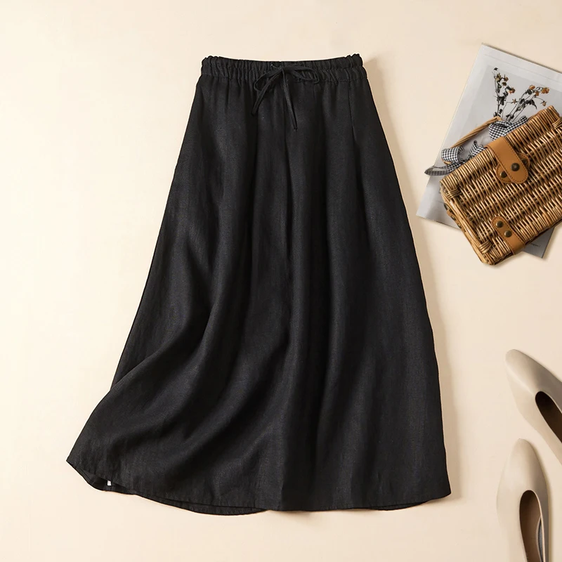 

Limiguyue Cotton Linen Skirt Women Spring Summer A-Line Vintage Literary Drawstring Elastic Waist Skirt Mid-Calf All Match U416