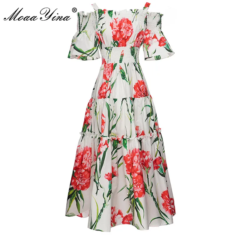 

MoaaYina новое летнее модное подиумное платье из чистого хлопка женское плиссированное платье с коротким рукавом и цветочным принтом с эластичной талией