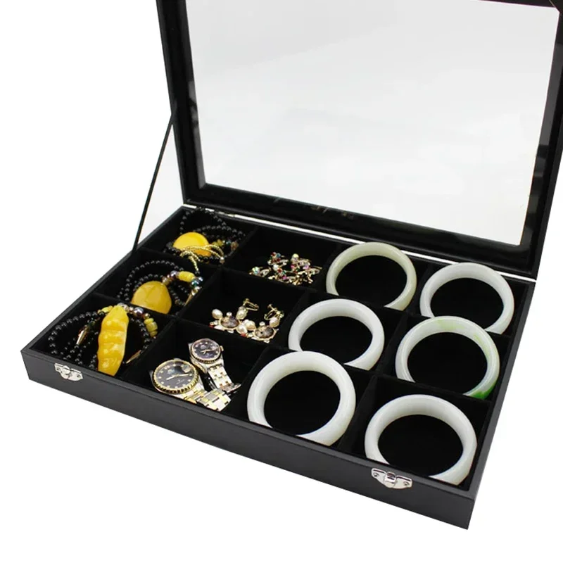 

Шкатулка для ювелирных изделий со стеклянной крышкой, органайзер для демонстрации колец, серег, браслетов, ожерелий, внутренняя Бархатная поверхность из экокожи