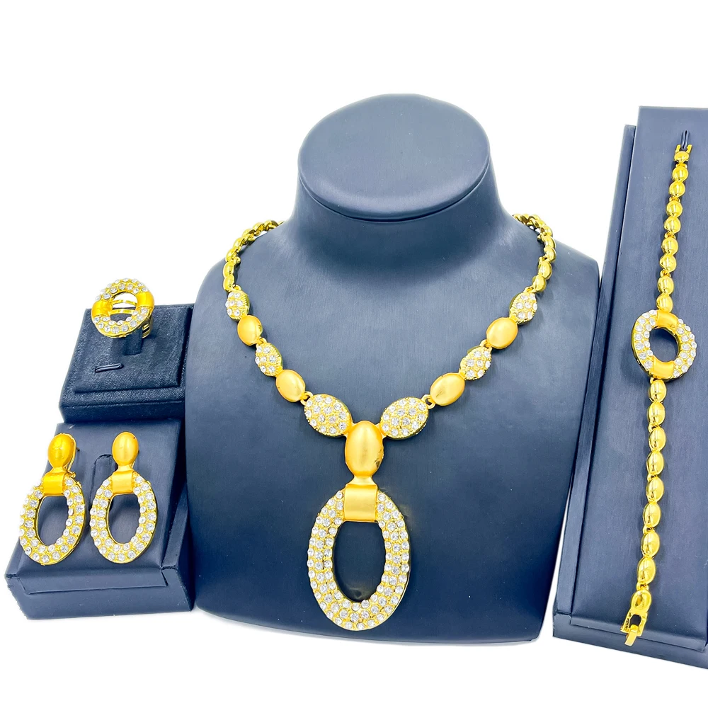 

Boho Long Necklace Crystal Pendant Bracelet for Women Anniversary Party Gift Earrings Wedding Ring Fashion Jewelry Sets