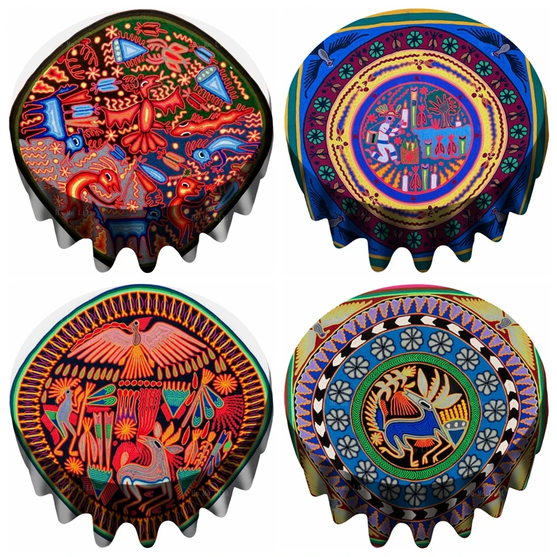 

Mexican Indigenous Art Huichol Yarn Painting Deer Colourful Classics Round Tablecloth By Ho Me Lili For Tabletop Decor