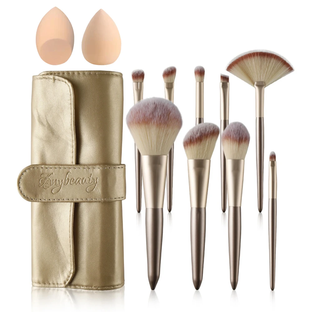 9-Pack Champagne Makeup Brush Set for Foundation, Blush, Eyeshadow, Kabuki Blending Makeup Brushes Makeup Brushes Sponge