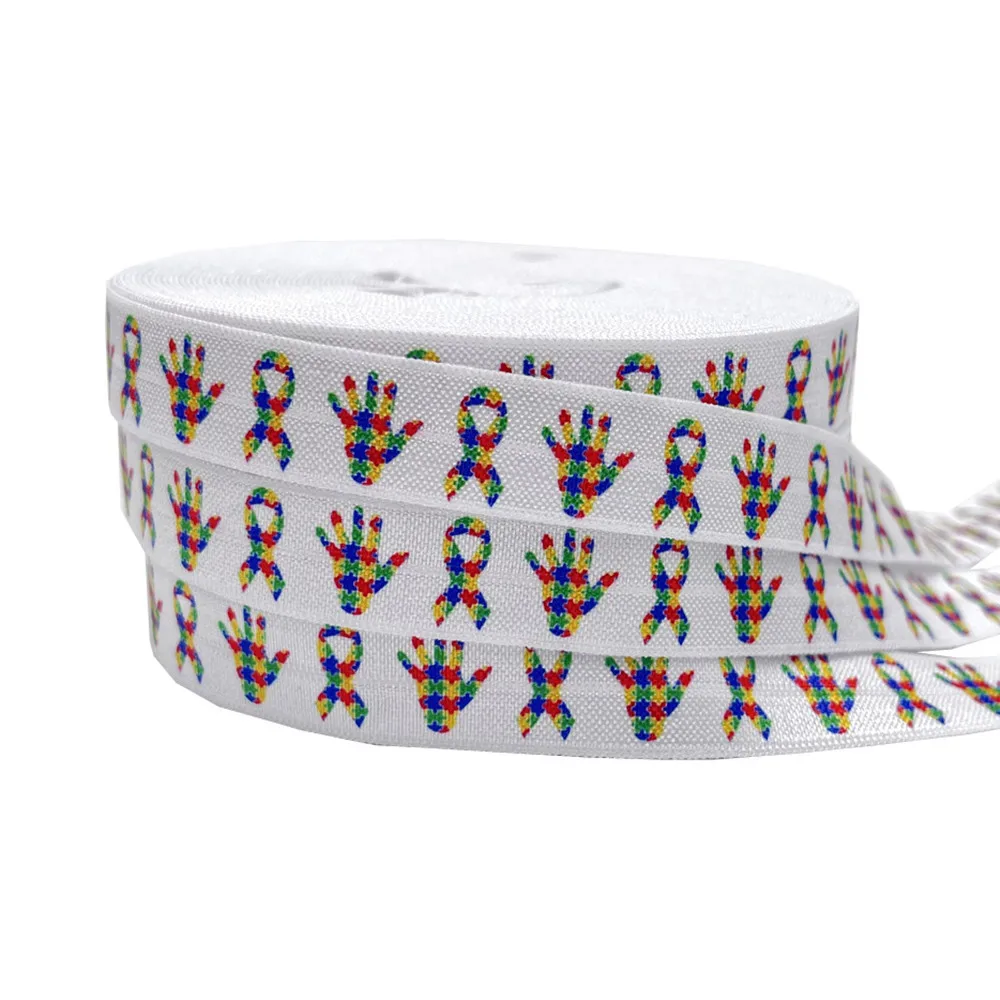 

10Yard Colorful Breast Cancer Autism Print Fold Over Elastic 15MM FOE Ribbon For DIY Headwear Gift Webbing Accessories