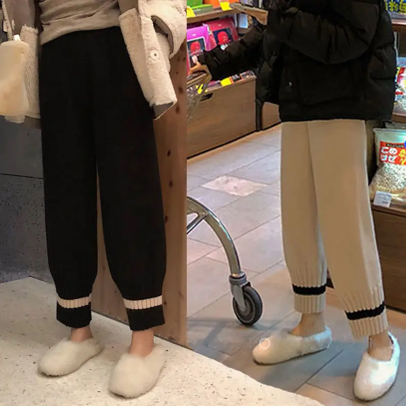 

Casual Knitted Women Pants Elastic Loose Female Wide Leg Pants Long Trousers 2022 Autumn Winter Harem Trousers Pantalon S87