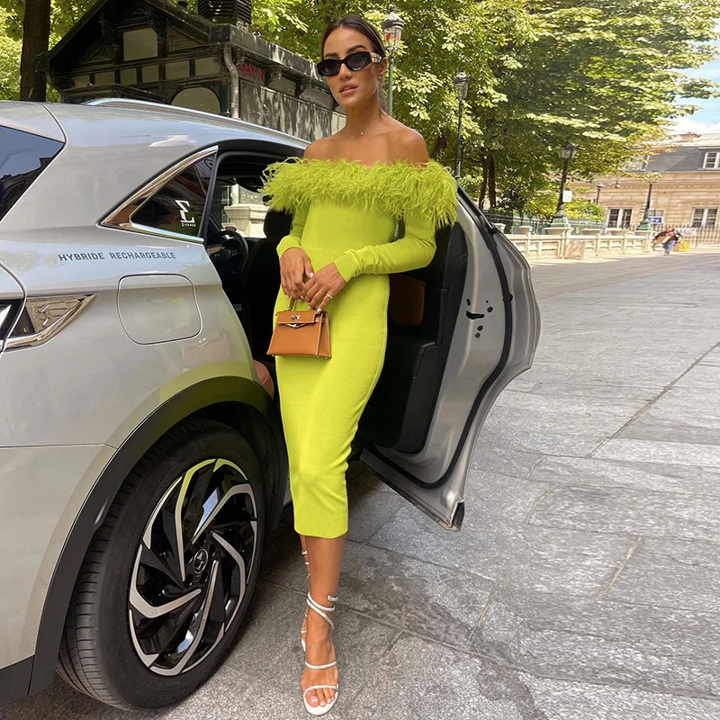 Women Off-Shoulder Long Dress 2023 Feather Sexy Bateau Long Sleeve Backless Long Party Dress Bodycon Slim Formal Dresses