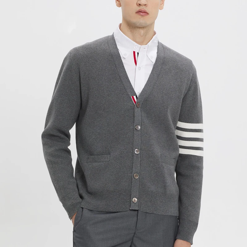 TB THOM Sweater Male Autumn Winter Fashion Brand Men's Clothing 4-Bar Stripe V-Neck Cardigan Coats Casual Harajuku Sweaters