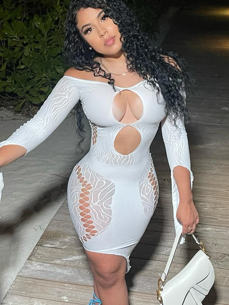 

2022 Summer Hollow Out Mesh See Through Dresses for Women Night Club Wear Sexy Strapless Long Sleeve Asymmetric Dress