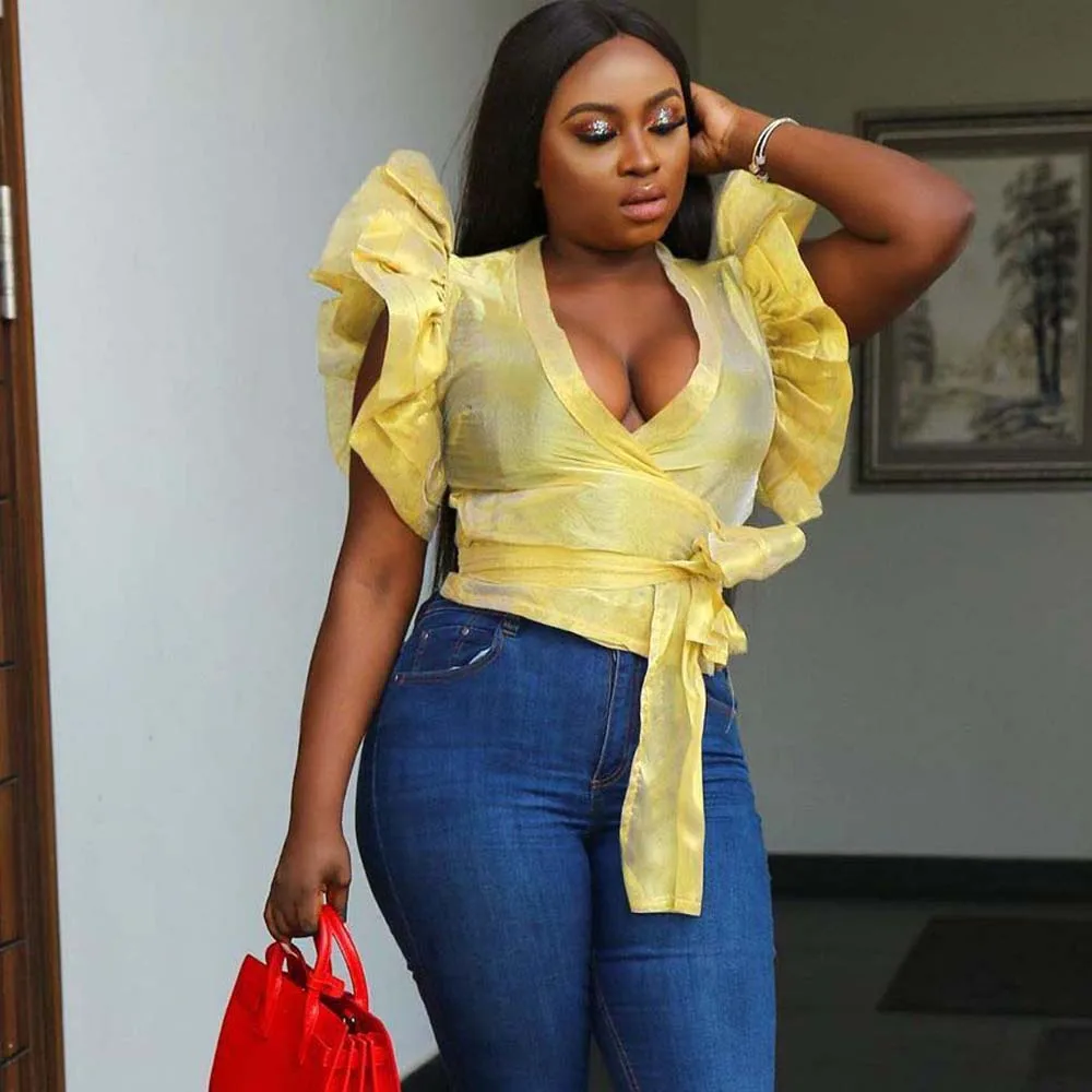 

Summer Blouses Lotus Leaf Short Sleeve Sexy V-Neck Cardigan Fashion Ladies Top African Office Lady Casual Streetwear 2022