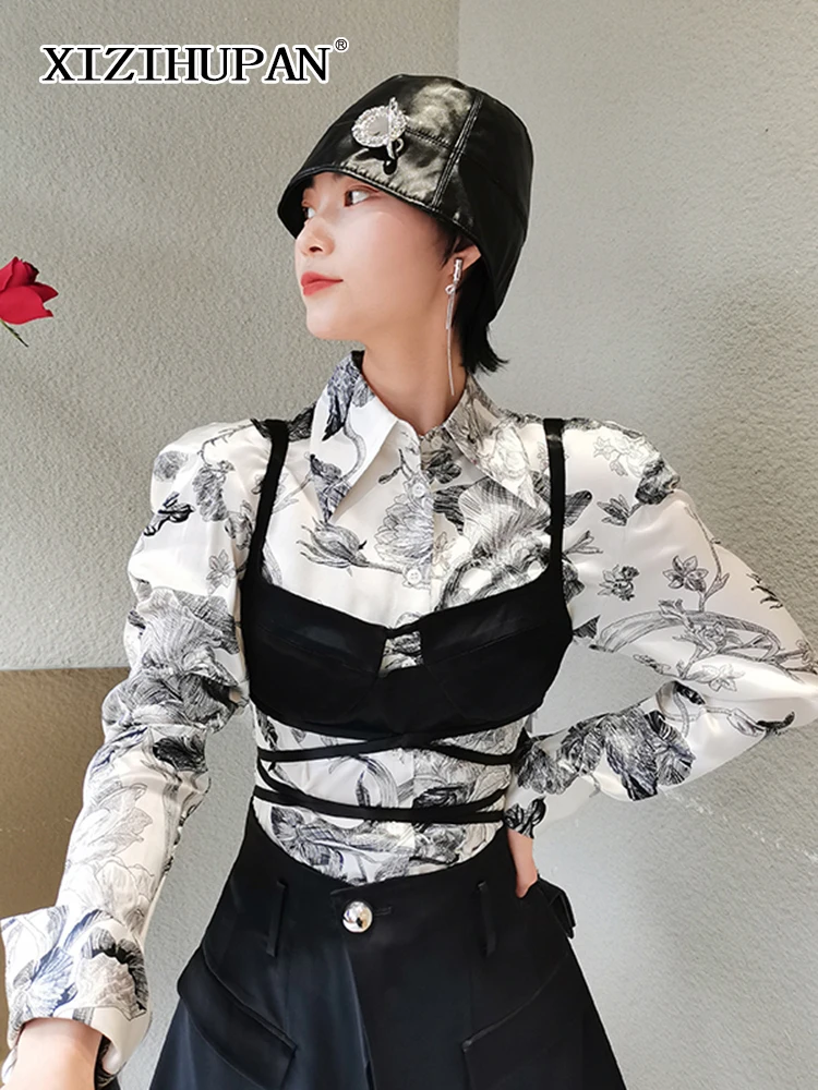 

XIZIHUPAN Temperament Colorblock Print Two Piece Set Women Lapel Long Sleeve Shirt Square Collar Black Top Women's Set 2022 New