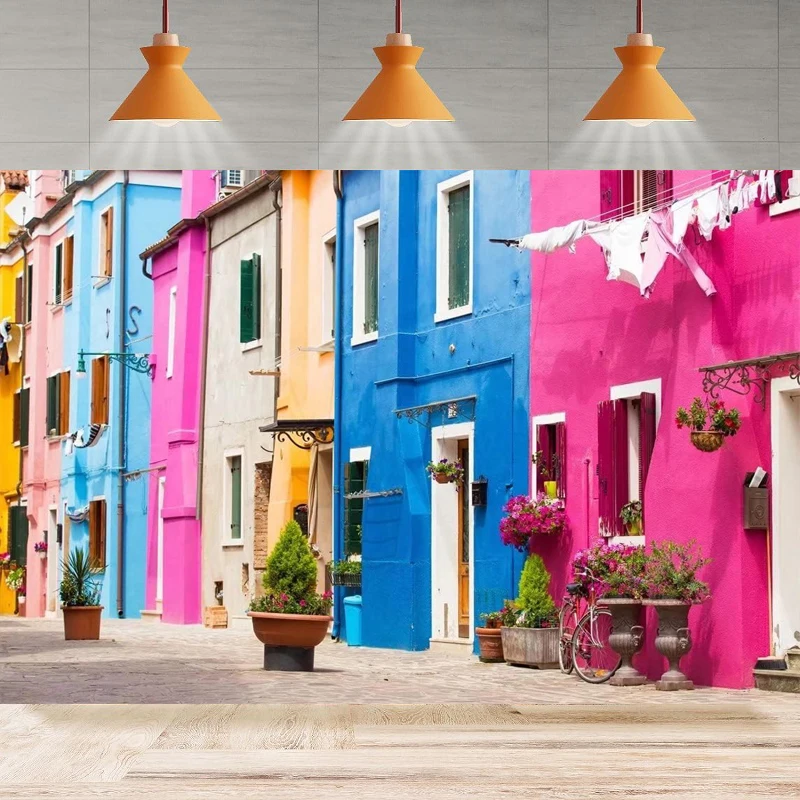 Фон для фотосъемки в уличном стиле с изображением красочных домиков на острове