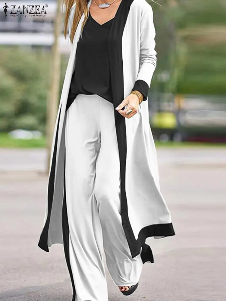 ZANZEA Women Spring Solid Color Sets V-Neck Full Sleeve Cardigan  Sleeveless Tanks Tops Fashion Work OL Wide Leg Pant Tracksuit