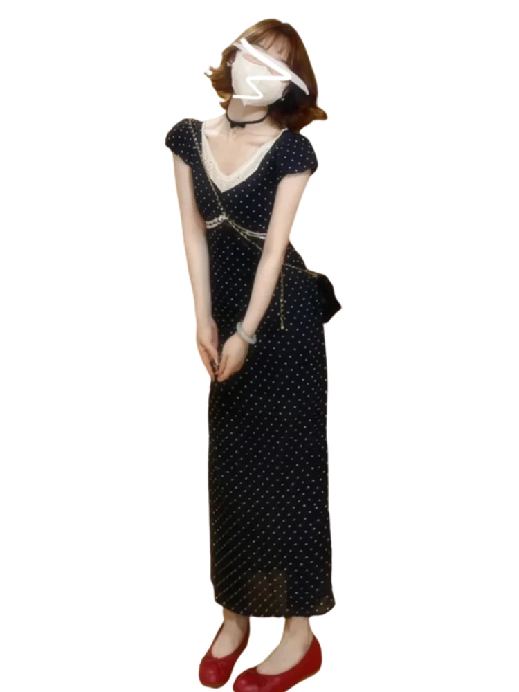 Женское платье с цветочным принтом длинное черное во французском стиле лето 2024