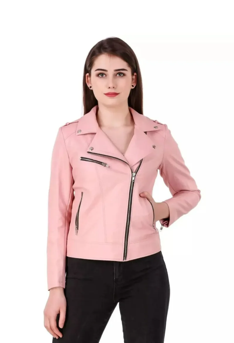 Pink Leather Jacket for Women's Biker Jacket Leather Cropped Jacket Real Leather Jacket Women Genuine Leather Jacket