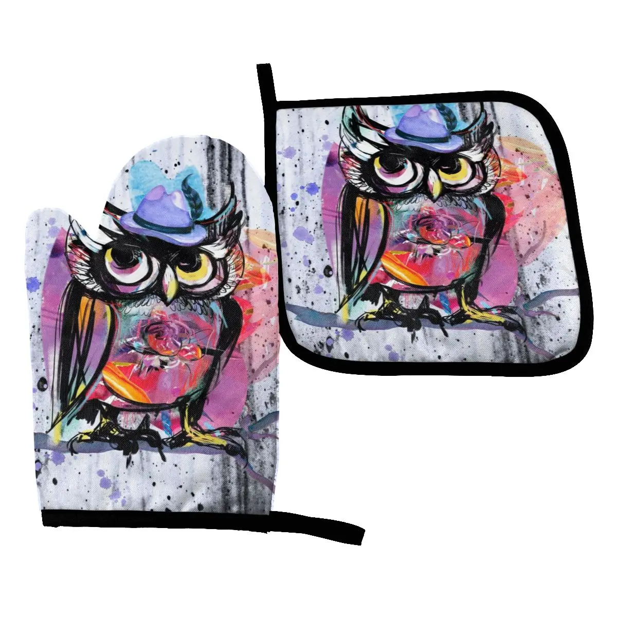 

Colorful Owl In Tree Modern Art Kitchen Gloves Baking Oven Cooking Oven Mitts Anti-scald Potholder Pad BBQ Gloves Microwave
