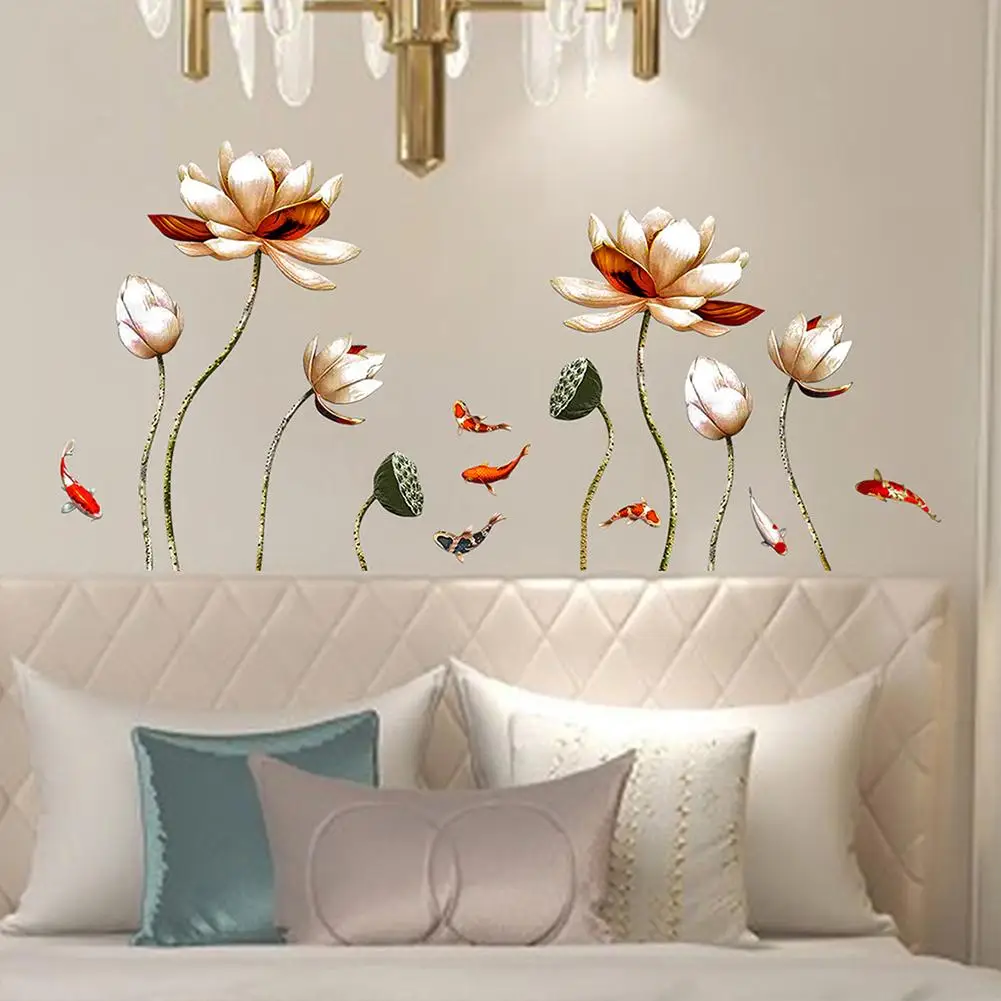 

1 pcs Floral Wall Stickers Pond Lotus Carp Wall Decals Wallpaper For Living Room Background Wall Decor
