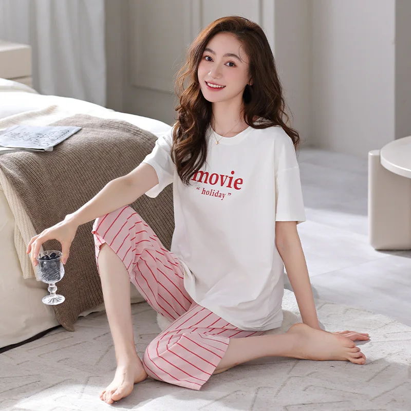 Summer Pajamas for Women Thin Section Pure Cotton Short-sleeved Trousers Loose and Breathable Sleepwear Suit Simple Loungewear
