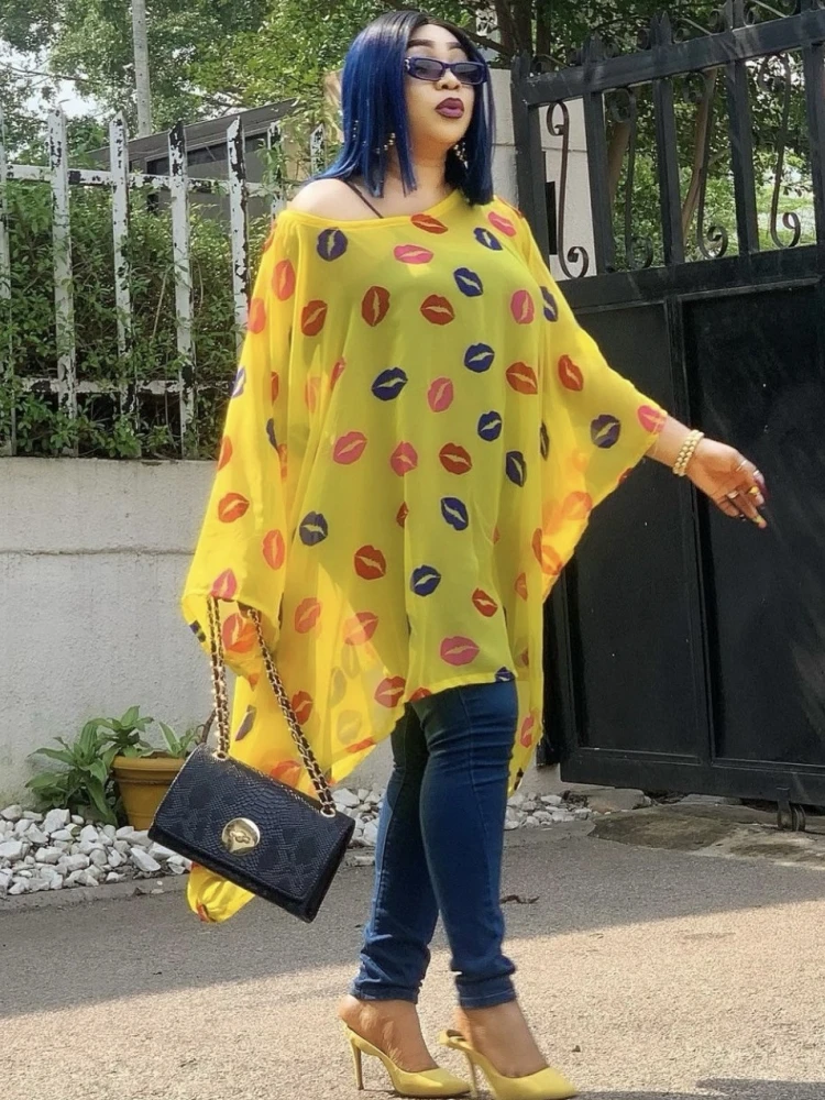 

Dashiki African Dress Women Slash Neck Irregular Batwing Sleeve Boubou 2022 Fashion Print See Through Sexy African Dress Vestido